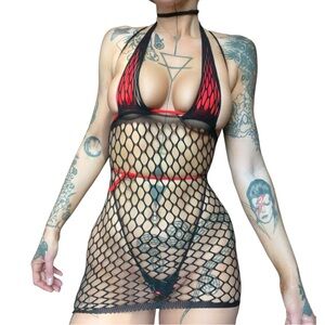 Black Fishnet Halter Mini Dress with Matching Black Thong - EXOTIC DANCEWEAR